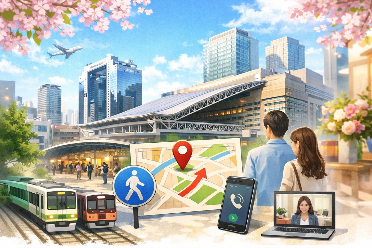 大阪駅近くのAI Musubi – Korean Marriageサロンへのアクセスイメージ。地図と駅周辺の風景、オンライン面談にも対応している様子を表現したビジュアル。